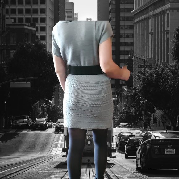 Cato Sweater Dress - Grey Cable Knit - Cowl Neck - Mini Skirt - Wide Belt - Picture 4 of 9